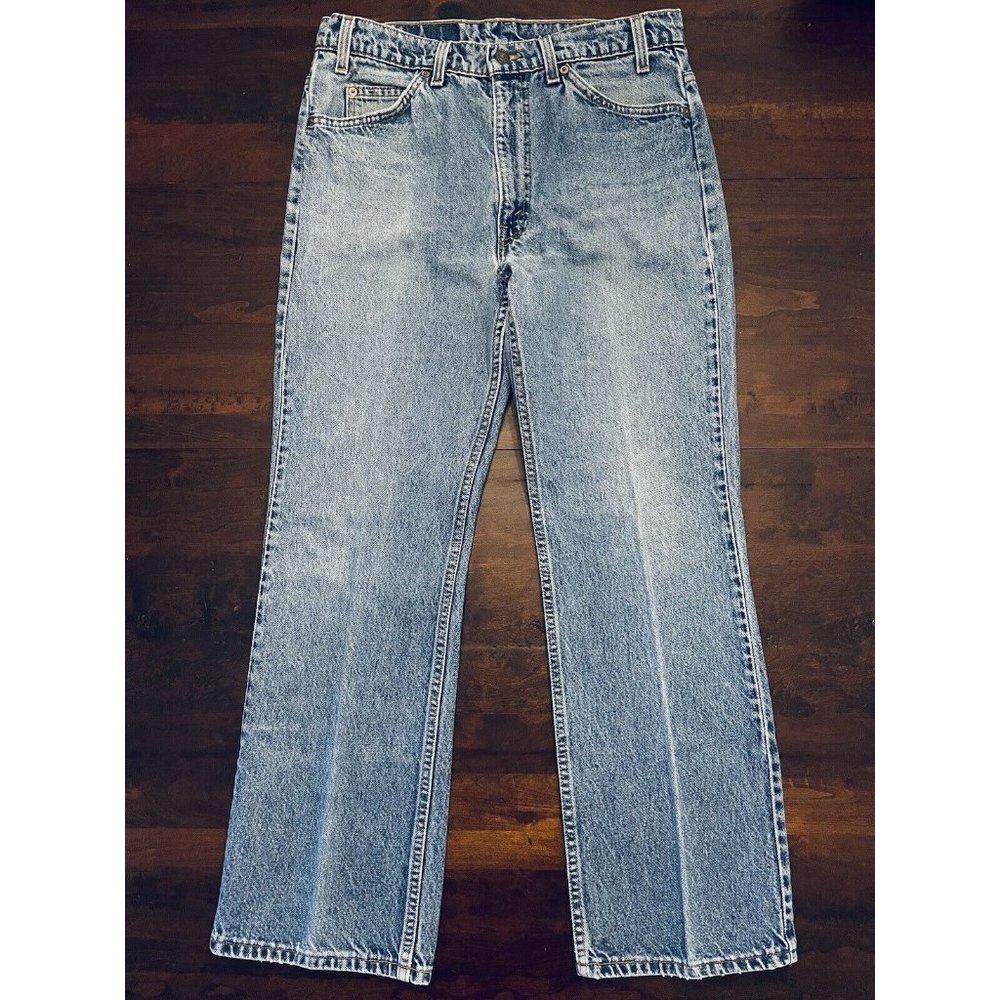 Vintage 80s Levis 517 Orange Tab Distressed Bootcut Made In USA Blue Jeans 34x30